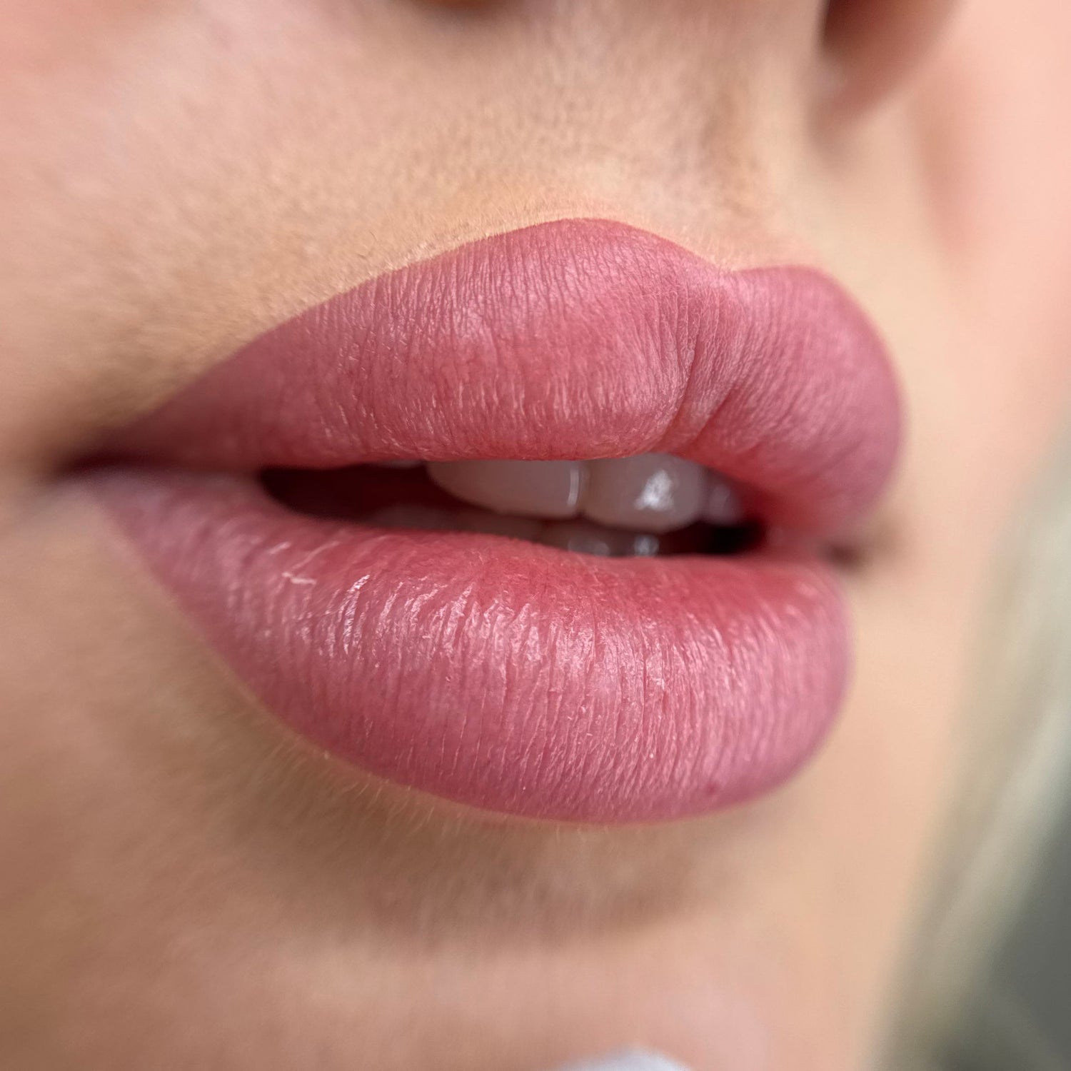 Resultado cicatrizado de lip blush tras una sola sesión de PMU, con retención uniforme del pigmento y textura natural de los labios